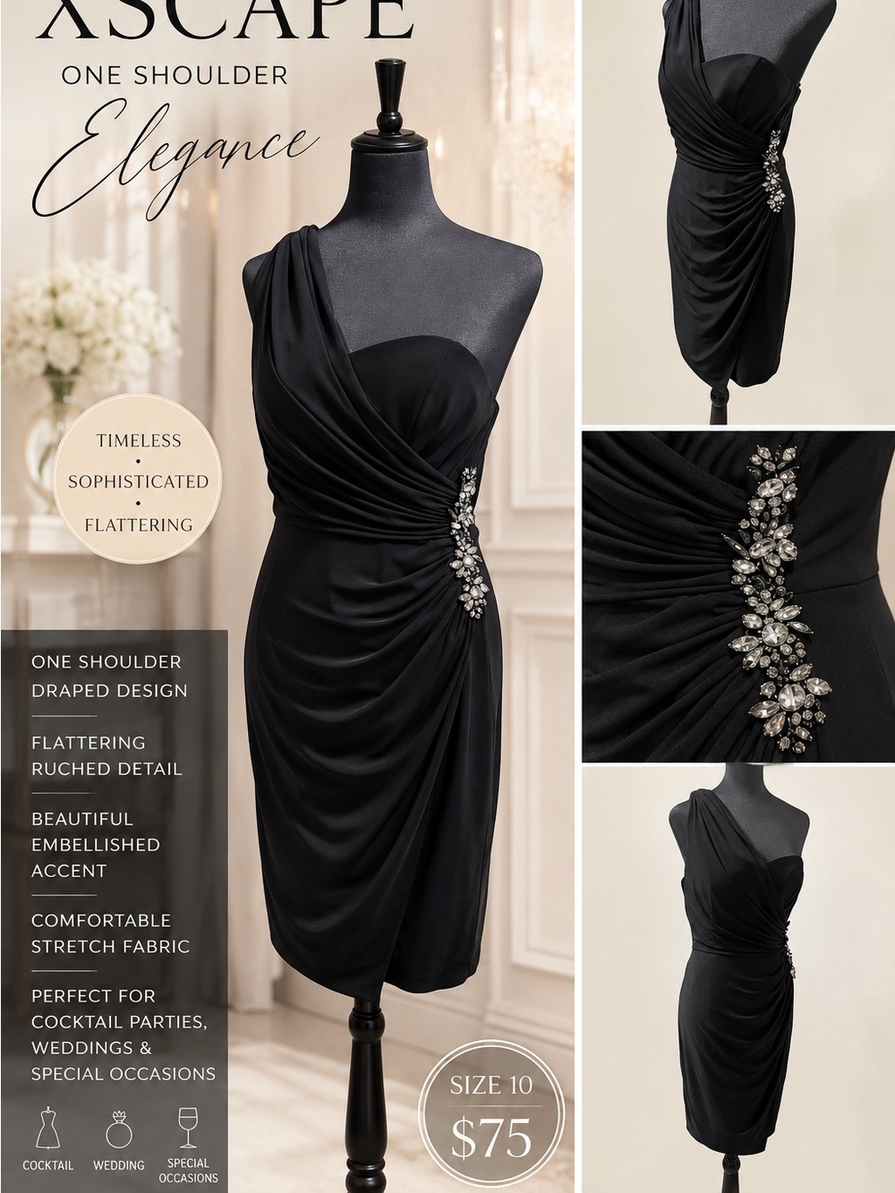 Xscape Black One-Shoulder Draped Cocktail Dress with Jeweled Waist